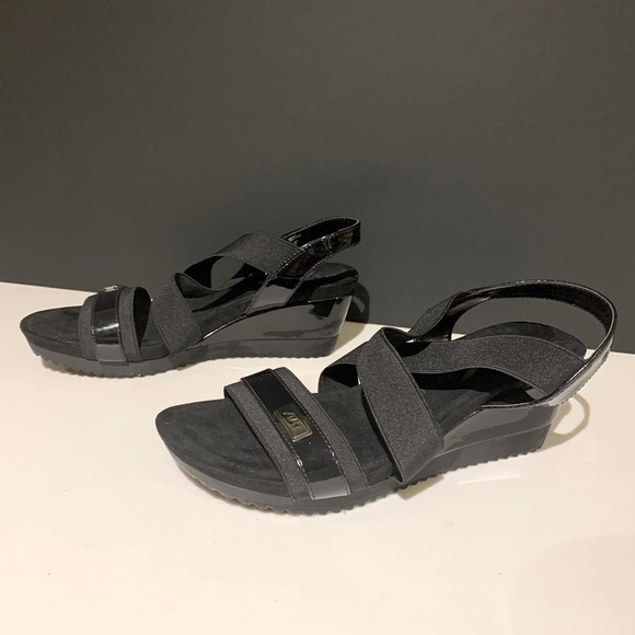 𝅺anne Klein Sport Black Wedged Elastic straps Sandals memory foam insoles - Picture 4 of 7